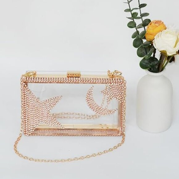 Neiman Marcus Champagne Acrylic Moon and Star Rhinestone Chain Bag - Picture 3 of 6